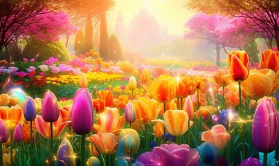  a painting of a field of flowers with a castle in the background and a bright sun shining through the trees in the sky over the flowers.  generative ai
