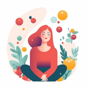 recommend clip art: Antistress vitamins magnesium for beautiful peace calm women, girl on white background clipart with red. Red hairs. Generative AI