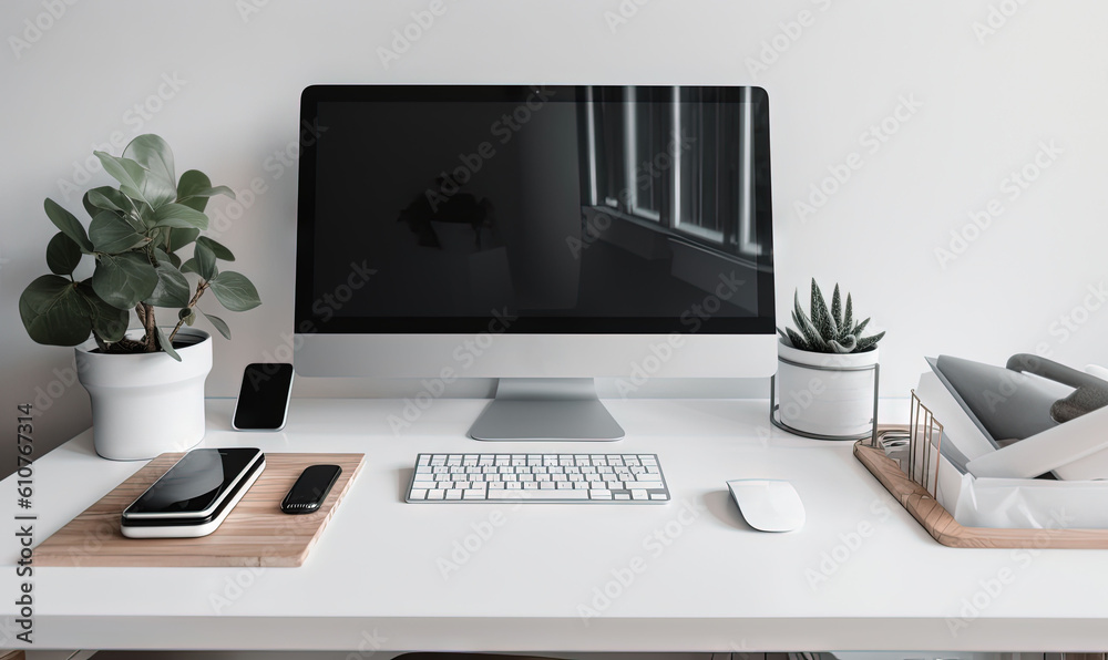 Wall mural a computer monitor sitting on top of a desk next to a keyboard and a mouse and cell phone on a tray 