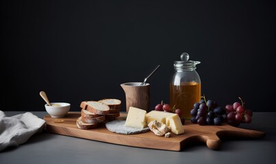 Obraz na płótnie Canvas a cutting board with cheese, bread, grapes, and a jar of honey on it with a napkin on the side of the cutting board. generative ai