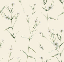 Watercolor seamless pattern with stellaria holostea. Rabelera holostea. Hand painted small white flower and leaves isolated on beige background. Illustration for design, fabric, print or background.