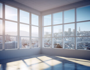 View from a high building, sun light through windows, view into city skyline. Generative Ai.