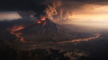 Fotobehang Grijs Volcanic landscape with erupting volcanoes, rivers of lava, and a dark, ominous sky filled with ash and smoke