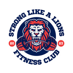 Lion head with barbell on mouth logo concept for fitness and gym