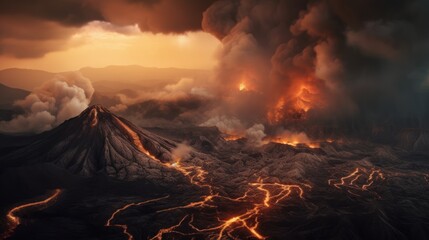 Volcanic landscape with erupting volcanoes, rivers of lava, and a dark, ominous sky filled with ash and smoke