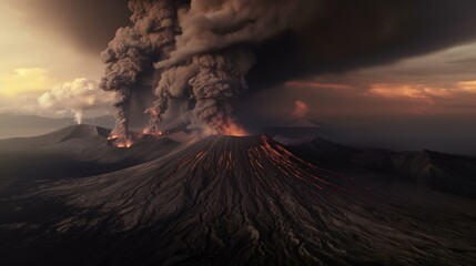 Fototapeta premium Volcanic landscape with erupting volcanoes, rivers of lava, and a dark, ominous sky filled with ash and smoke