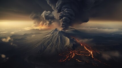 Fototapeta premium Volcanic landscape with erupting volcanoes, rivers of lava, and a dark, ominous sky filled with ash and smoke