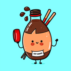 Cute funny Bottle of soy sauce waving hand. Vector hand drawn cartoon kawaii character illustration icon. Isolated on blue background. Bottle of soy sauce character concept