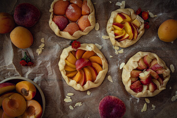 Different homemade baked fruit tarts, galettes with apricot, peach and apple on dark background