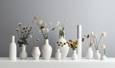  a group of white vases sitting on top of a white table next to each other with flowers in them on top of the vases.  generative ai