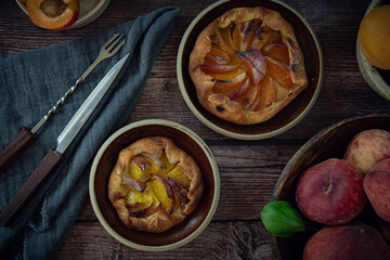 Different homemade baked fruit tarts, galettes with apricot, peach and apple on dark background
