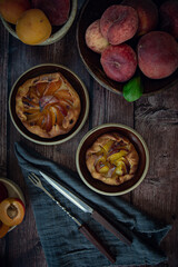 Different homemade baked fruit tarts, galettes with apricot, peach and apple on dark background