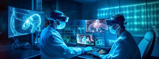 Future of Healthcare Visualized: Masked Scientist Interacting with Luminous Blue Virtual Health Dashboard, Evoking Progress in Medical Informatics