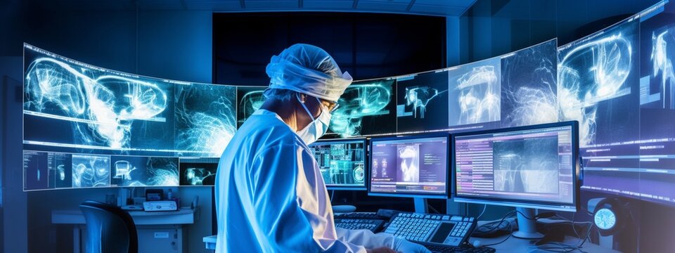 Future of Healthcare Visualized: Masked Scientist Interacting with Luminous Blue Virtual Health Dashboard, Evoking Progress in Medical Informatics