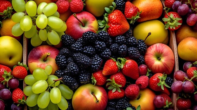 Fresh fruits and berries in a wooden box. Healthy food background. Fruit background, many fresh fruits mixed together.
