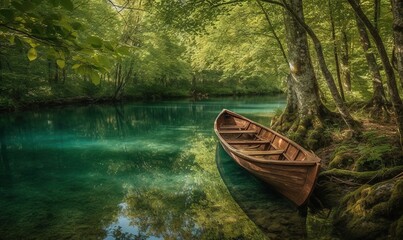 Fototapeta na wymiar a boat is sitting on the shore of a river in the woods near the shore of a river with clear blue water and green trees. generative ai