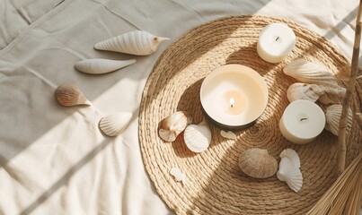Obraz na płótnie Canvas a basket with seashells and candles on a bed with a white sheet and a white tablecloth with a white table cloth on it. generative ai