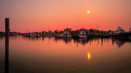 Sunrise and wildfire smoke over the Mystic River marina in Connecticut
