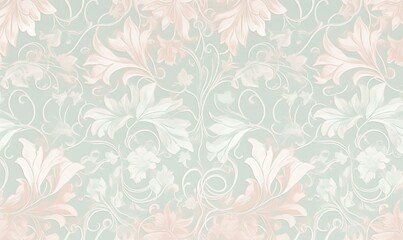 Fototapeta na wymiar a wallpaper with a floral design on a light green background with a light pink flower pattern on the left side of the image and a light green background with a. generative ai