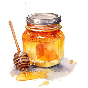 Watercolor honey jar with spoon. Illustration AI Generative.
