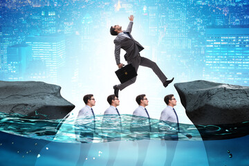 Inequal competition concept with businessman walking on heads