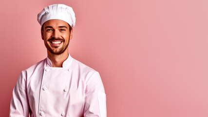 Portrait of smiling american male chef, on a pink background, copy space, mockup, a fictional AI-generated person, Generative AI	
