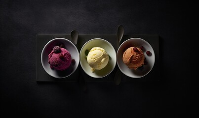  three bowls of ice cream on a black surface with spoons and spoons next to one bowl of ice cream and another bowl of ice cream.  generative ai