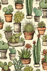 Drawn different cacti on a white background in vintage style.