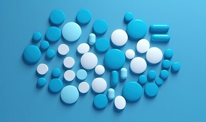  blue and white pills on a blue background with space for a text or image to put on a card or brochure or book.  generative ai