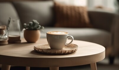  a cup of coffee sitting on top of a wooden table next to a couch and a potted plant on top of a wooden table.  generative ai - obrazy, fototapety, plakaty