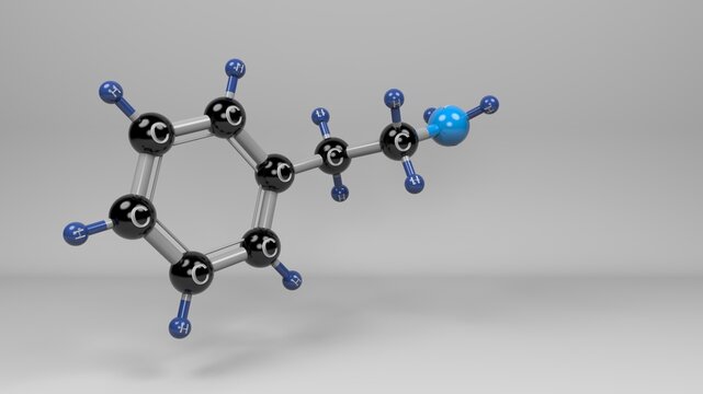 Phenylethylamine Molecule. Molecular structure of 2-phenylethylamine, central nervous system stimulant related to psychoactive compounds such as amphetamines and catecholamines.