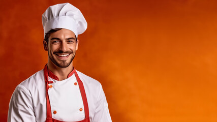 Portrait of smiling french male chef, on a solid background, copy space, mockup, a fictional AI-generated person, Generative AI	

