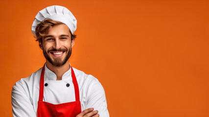 Portrait of smiling male chef, on a solid background, copy space, mockup, a fictional AI-generated person, Generative AI


