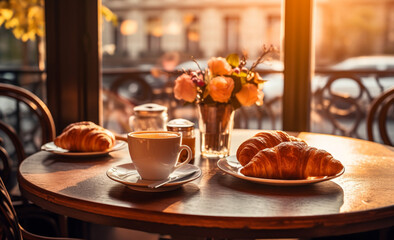 Barista's Delight: Inviting bar table with coffee and croissants, perfect for restaurant menus. Soft lights, create a cozy and relaxing atmosphere.generative AI, - obrazy, fototapety, plakaty