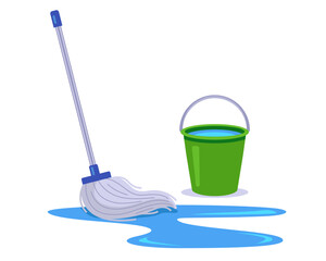 wash the floor with a mop and a bucket of water. flat vector illustration.