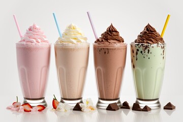 A series of delectable milkshakes or smoothies in various fresh flavors are shown against a white background. The flavors include strawberry, vanilla, and chocolate. Generative AI
