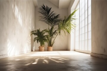 Potted palm tree stands on floor in room and casts shadow on wall from sunny window. Ai generative