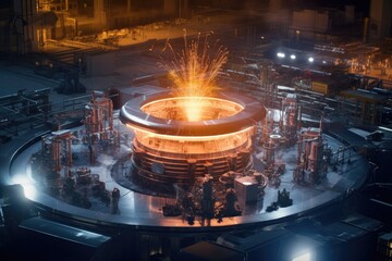 Theme of nuclear fusion. Large experimental setup in a laboratory with plasma being generated at high temperatures. Generative AI