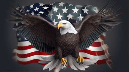 A white-headed eagle soars against the background of the American flag. The symbol of the USA, the concept of America's Independence Day.
