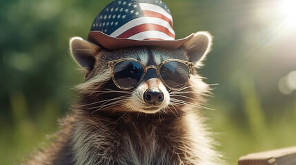 funny cute raccoon in glasses and a top hat with the symbols of the American flag. American Independence Day, July 4th. - obrazy, fototapety, plakaty