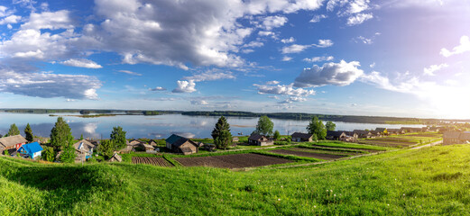 View from the hill to Lake Kenozero in the village of Vershinino. Kenozersky National Park. Plesetsky district. Arkhangelsk region. Russia