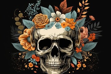 skull decorated with headphones and flowers. Generative AI