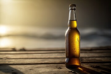 An open bottle of beer with condensation was on the hardwood table. The background is a shimmering sea that is blurry. Feels like summer. Generative AI - obrazy, fototapety, plakaty