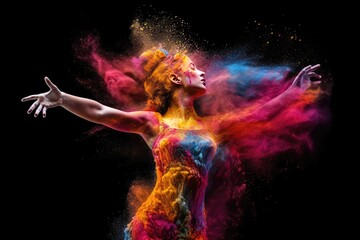 Fototapeta na wymiar Beautiful woman in colorful dress dancing with colorful smoke on black background. Generated AI