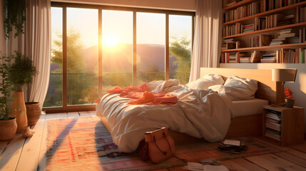 Comfortable big bed in bedroom with morning sun shine 