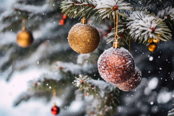 Fototapeta na wymiar Christmas decoration. Christmas balls hanging on pine branches Christmas tree garland and ornaments over abstract bokeh background with copy space. Generative ai