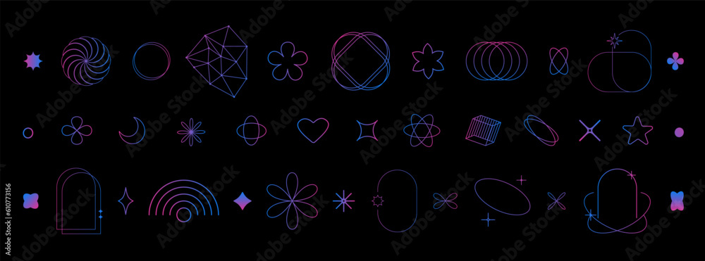 Poster Set of abstract aesthetic y2k geometric elements and 3D wireframe shapes. Gradient retro line design elements. Vector illustration for social networks or posters. EPS 10