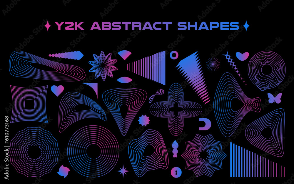 Poster Set of abstract aesthetic y2k geometric elements and 3D wireframe shapes. Gradient retro line design elements. Vector illustration for social networks or posters. EPS 10