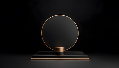 Abstract minimal concept. Luxury black with glossy gold rim round podium on background. Mock up template for product presentation. 3D rendering. copy text space
