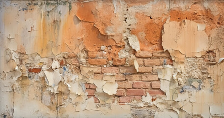 Old brick wall with traces of old plaster, ruined surface.